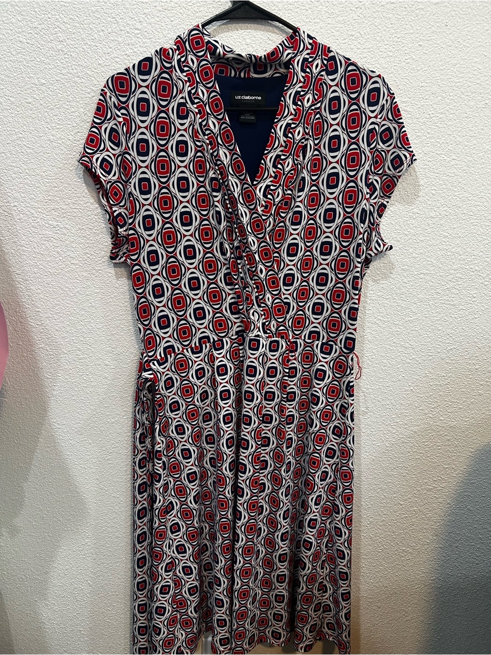 Liz Claiborne Red, Navy & White Geometric Wrap-Style Dress